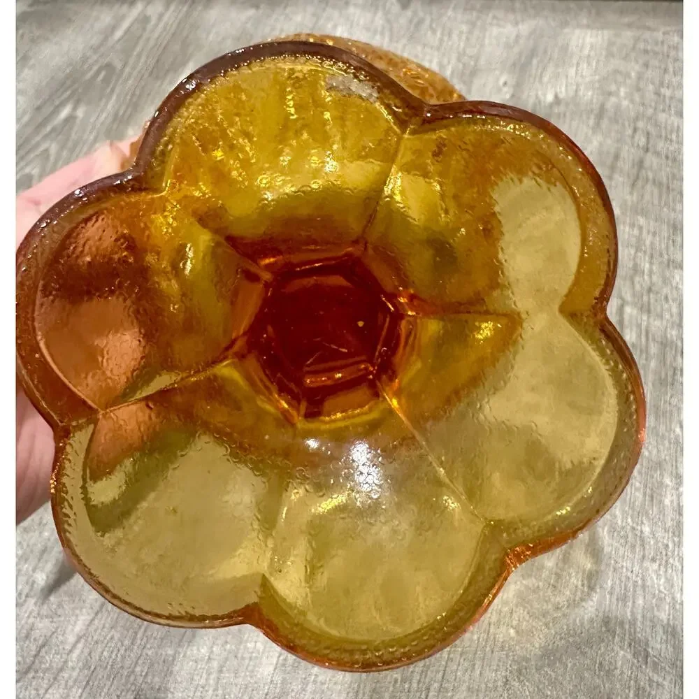 Vintage Kemple Amber Glass Pedestal Candy Dish w/ Glass Inclusion‎ on base